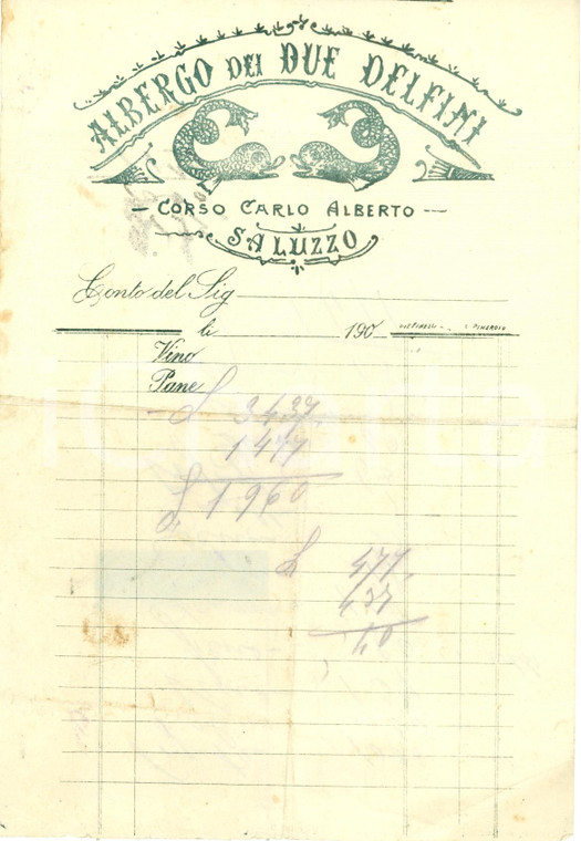 1910 ca SALUZZO (CN) Albergo DEI DUE DELFINI *Fattura commerciale