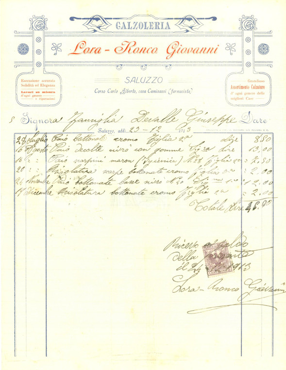 1913 SALUZZO (CN) Calzoleria Giovanni LORA-RONCO *Fattura commerciale