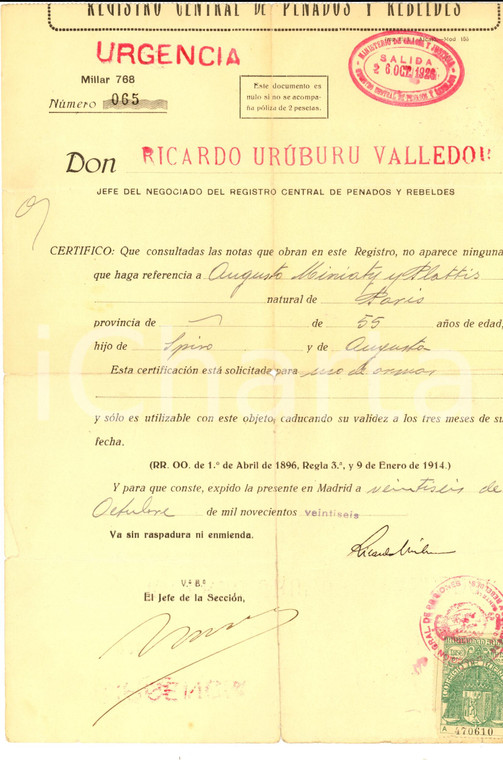 1926 MADRID (ES) Fedina penale di Augusto MINIATI PLATTIS *Documento