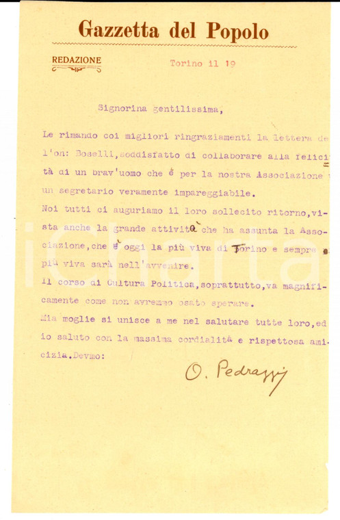 1920 ca TORINO GAZZETTA DEL POPOLO Lettera giornalista Orazio PEDRAZZI Autografo