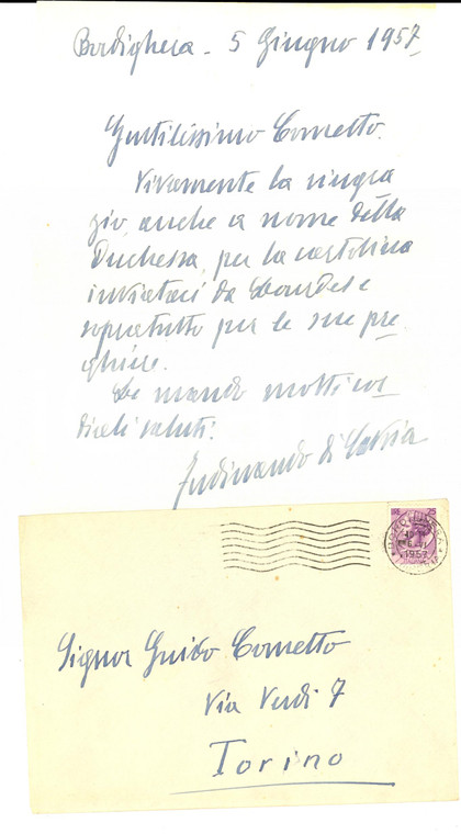 1957 BORDIGHERA Ferdinando di SAVOIA-GENOVA ringrazia per cartolina *AUTOGRAFO