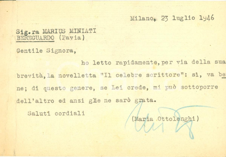 1946 MILANO Maria OTTOLENGHI direttrice rivista LEI a Marius MINIATI *AUTOGRAFO