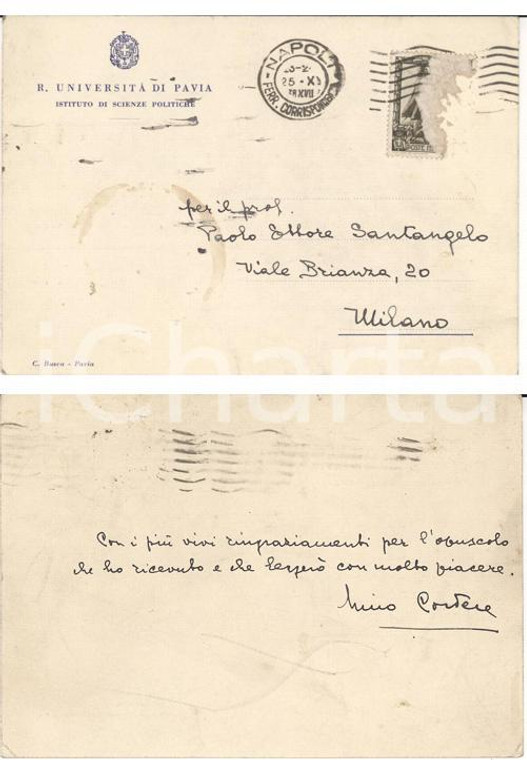 1938 UNIVERSITA' DI PAVIA Cartolina prof. Nino CORTESE *AUTOGRAFA FG VG