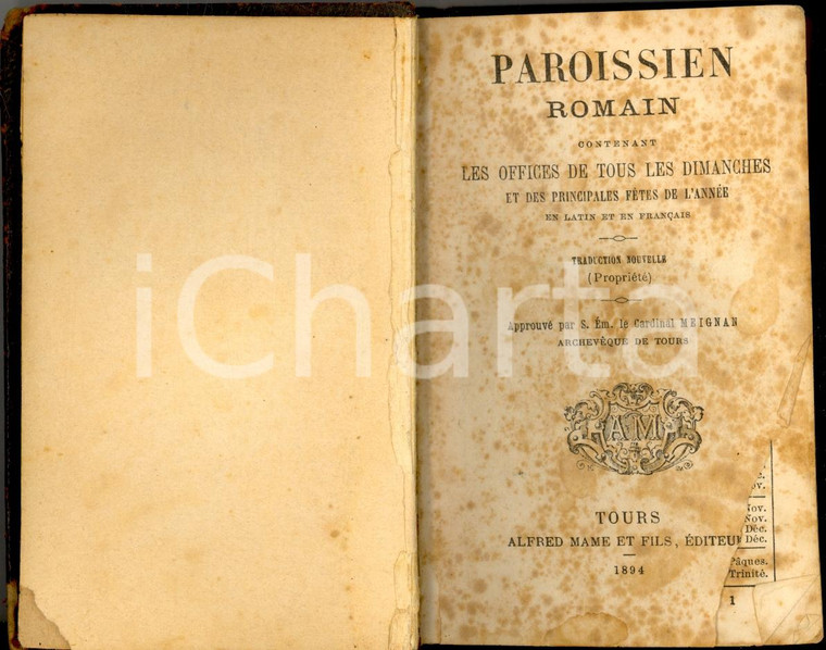 1894 PAROISSIEN ROMAIN Office dimanches Ed. Alfred MAME' - TOURS *Messale