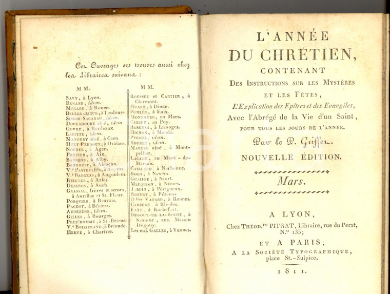 1811 Henri GRIFFET L'ANNEE DU CHRETIEN - Mars *Ed. PITRAT - LYON