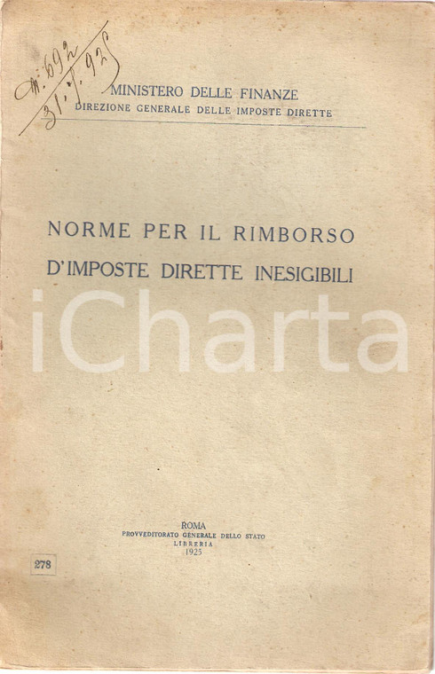 1925 ROMA Ministero delle FINANZE Norme rimborso imposte dirette inesegibili