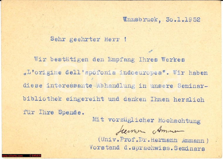 1952 HERMANN AMMANN Linguistica, cart. autografata