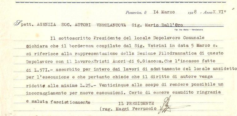 1938 - Pontevico (BS) Opera N. Dopolavoro chiede sconto