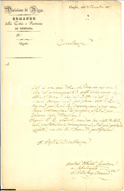 1832 ONEGLIA (IM) Auguri del comandante DI VILLAREY