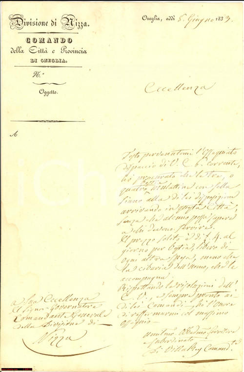 1833 ONEGLIA Comandante DI VILLAREY procura quattro mulattine con sella *Lettera