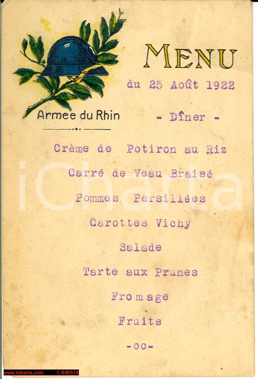 25 Août 1922 ARMEE DU RHIN Menu pour le dîner