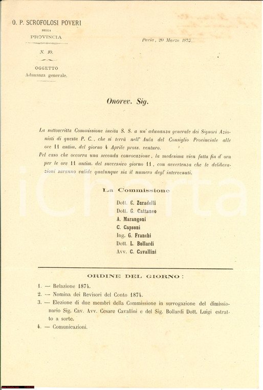 1875 PAVIA Assemblea dell'Opera Pia SCROFOLOSI POVERI