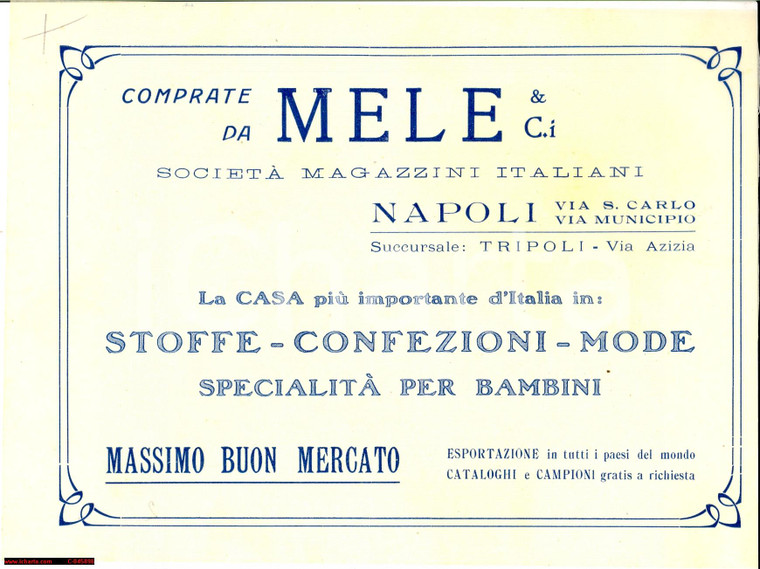 1920 ca NAPOLI Pubblicità MAGAZZINI MELE stoffe e mode