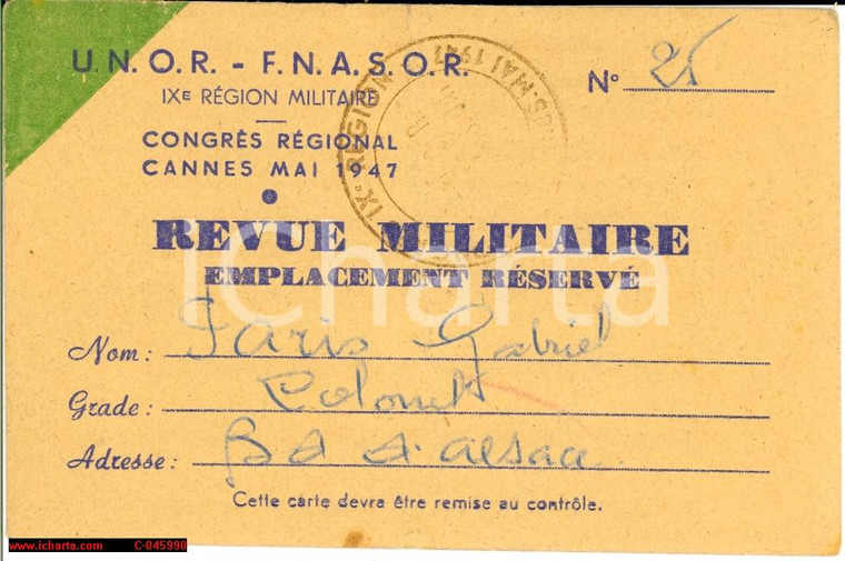 1947 UNOR FNASOR Col. Gabriel PARIS Revue Militaire