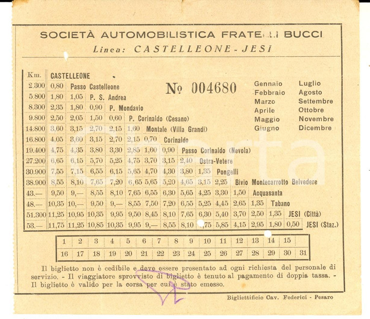 1934 Società FRATELLI BUCCI Linea CASTELLEONE - JESI *Abbonamento