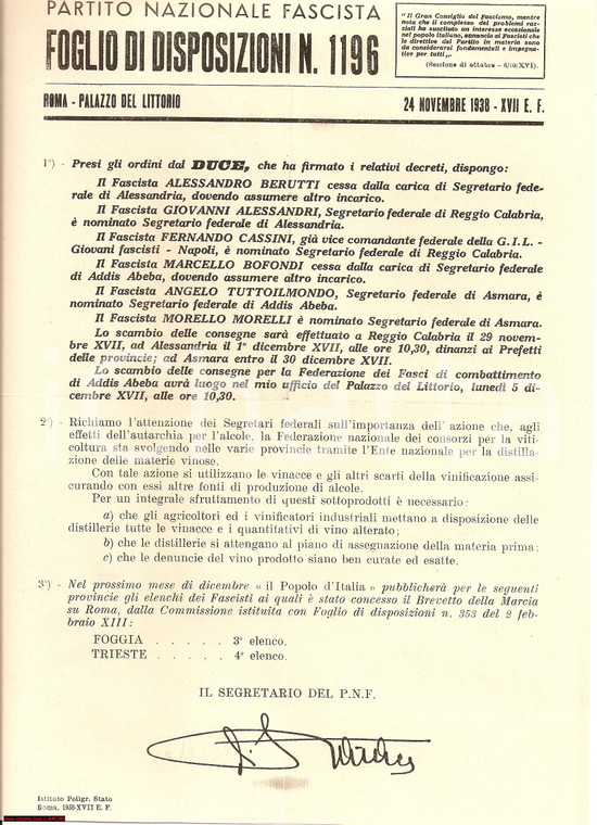 1938 ROMA Disposizioni P.N.F. Viticoltura AUTARCHIA