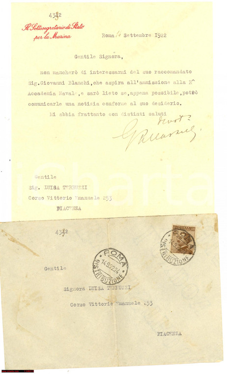 1922 Raccomandazione on. Giovanni PALLASTRELLI Autogr.