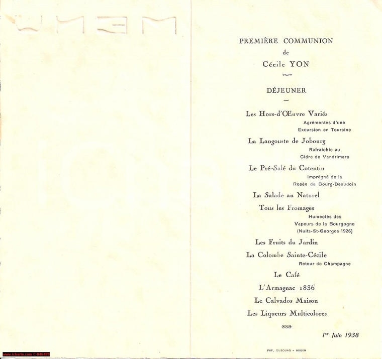 1938 ROUEN (FR) Menu Prima Comunione Cécile YON