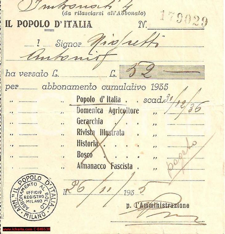 1935 MILANO Abbonamento annuale POPOLO D'ITALIA