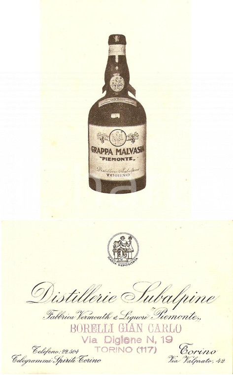 1940 ca TORINO Malvasia PIEMONTE Distillerie SUBALPINE