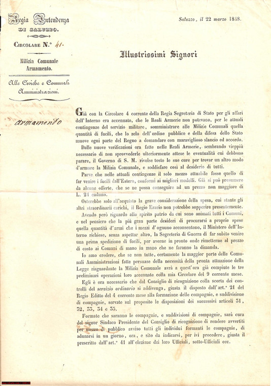 1848 SALUZZO (CN) Più fucili per le MILIZIE COMUNALI