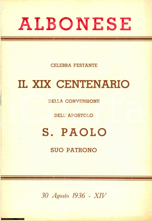 1936 ALBONESE (PV) XIX centenario conversione SAN PAOLO