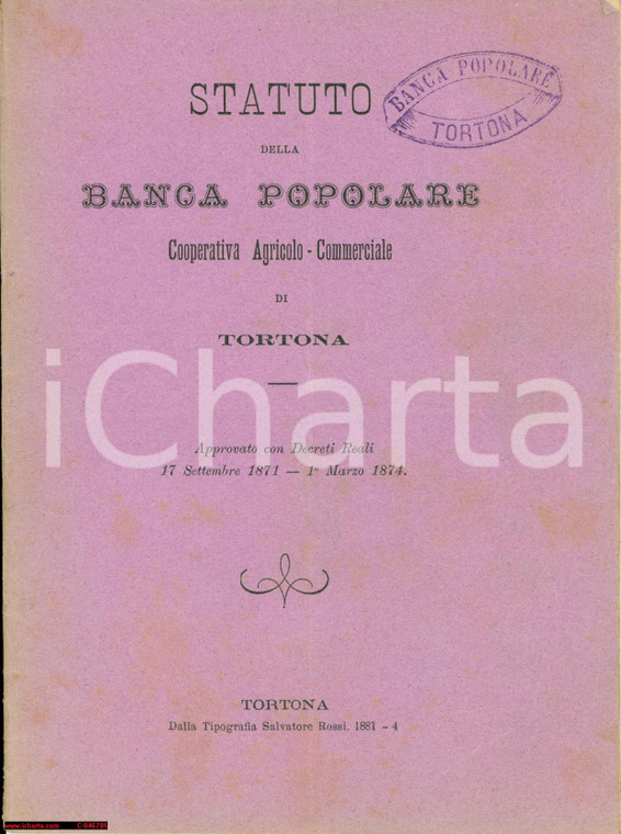 1881 TORTONA (AL) Statuto della BANCA POPOLARE agricola