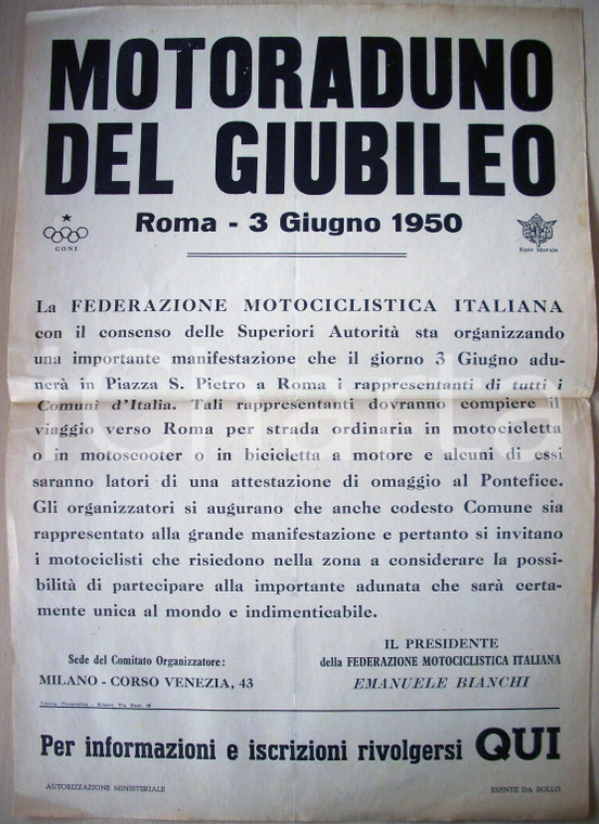 1950 ROMA Motoraduno per il GIUBILEO Manifesto 30 x 44