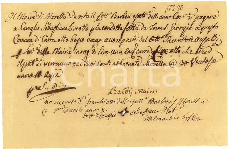 1802 MORETTA (CN) Legna al Comune dal sacerdote ANSALDI