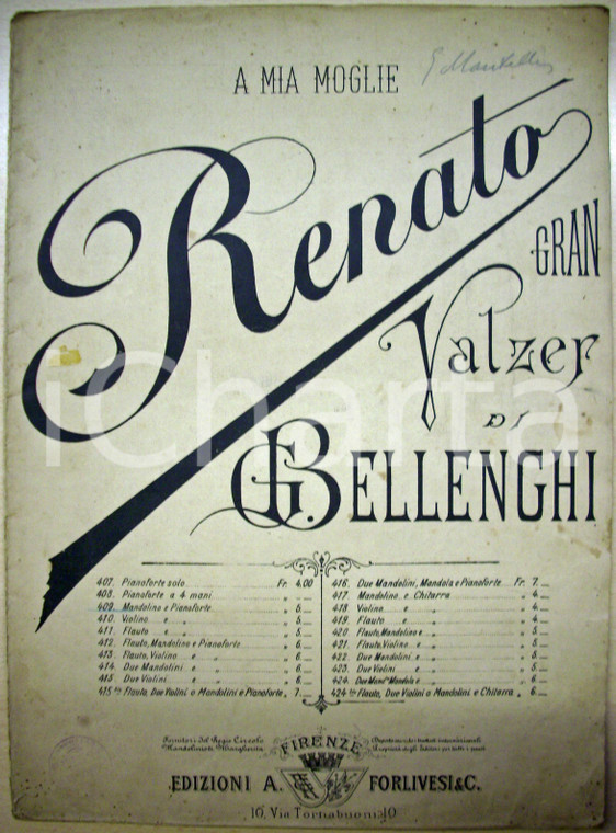 1890 Spartito RENATO Valzer di Giuseppe BELLENGHI