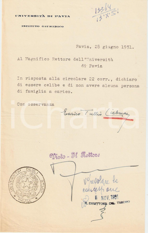 1951 PAVIA Ist. Giuridico Autogr. Enrico Tullio LIEBMAN