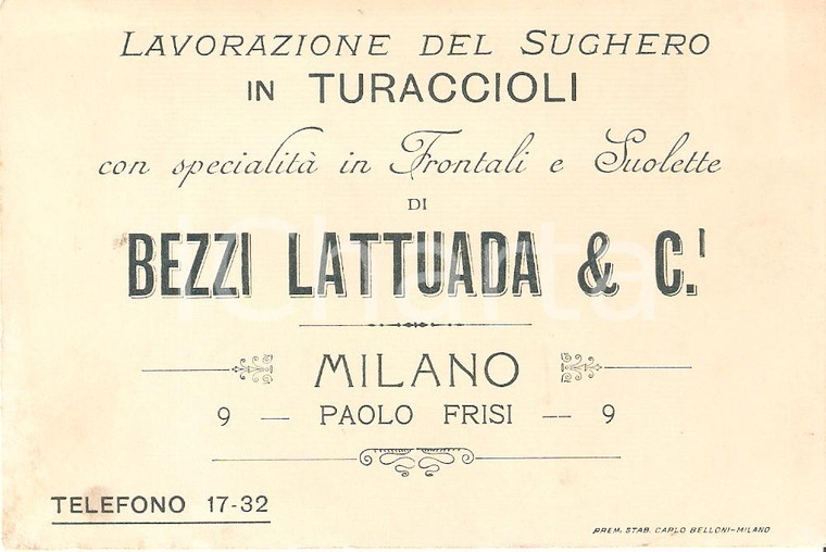 1920 ca MILANO Sughero in turaccioli BEZZI LATTUADA & C