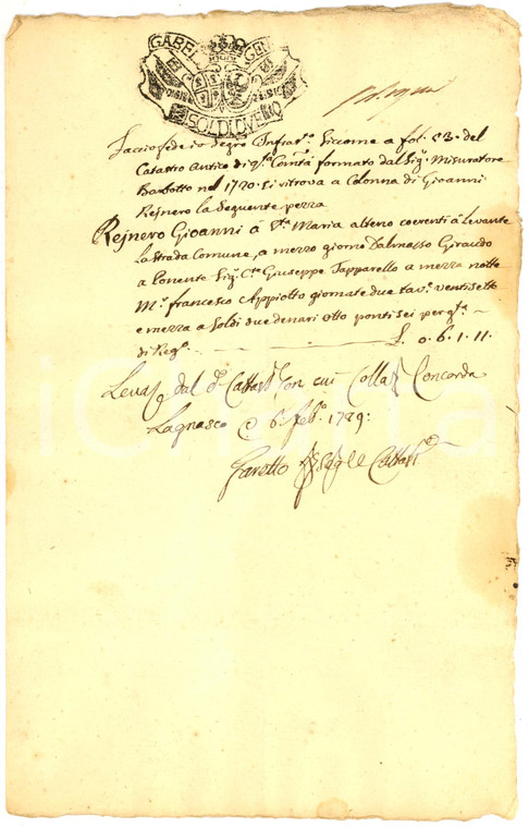 1789 LAGNASCO (CN) Confini di una proprietà di Giovanni REINERO *Manoscritto
