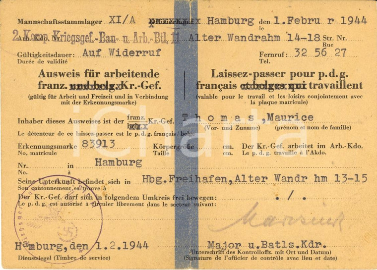 1944 HAMBURG (DE) Lasciapassare per Maurice THOMAS