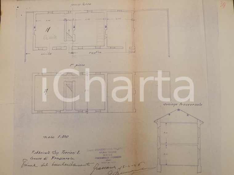 1946 FRASCAROLO (PV) Cascina TORRIANI prima dei bombardamenti *Planimetria 30x38