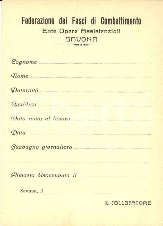 1935 ca SAVONA Tessera occupaz Ente Opere Assistenziali