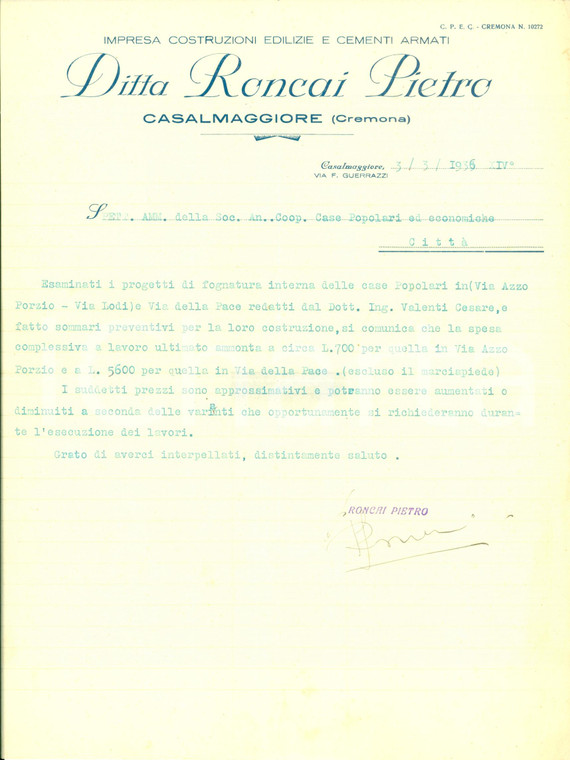 1936 CASALMAGGIORE CR Impresa Pietro RONCAI Costruzione fognatura case popolari