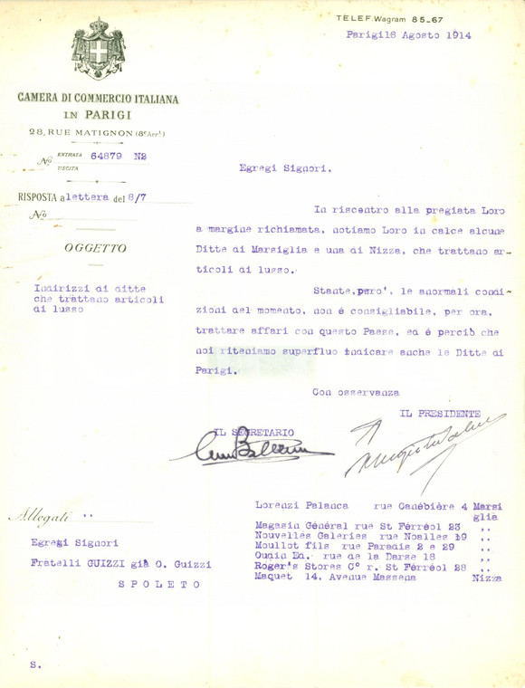 1914 MARSIGLIA (F) Ditte specializzate articoli lusso *Camera Commercio Italiana
