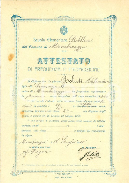 1910 MOMBARUZZO (AT) Promozione di Alessandrina ROLUTI