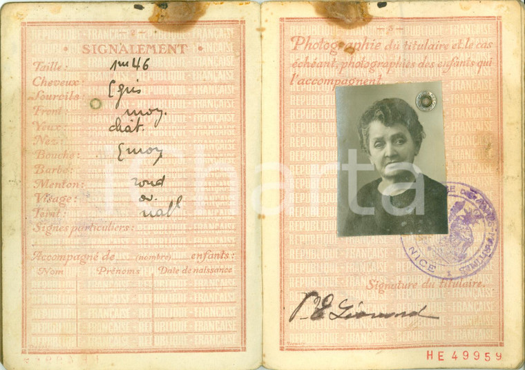 1937 NICE (F) Passaporto estero Marie ZAGLIONI LEONARD con fototessera