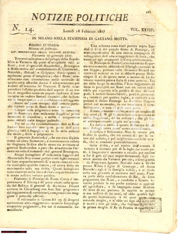 1807 MILANO Notizie politiche Europa napoleonica MOTTA