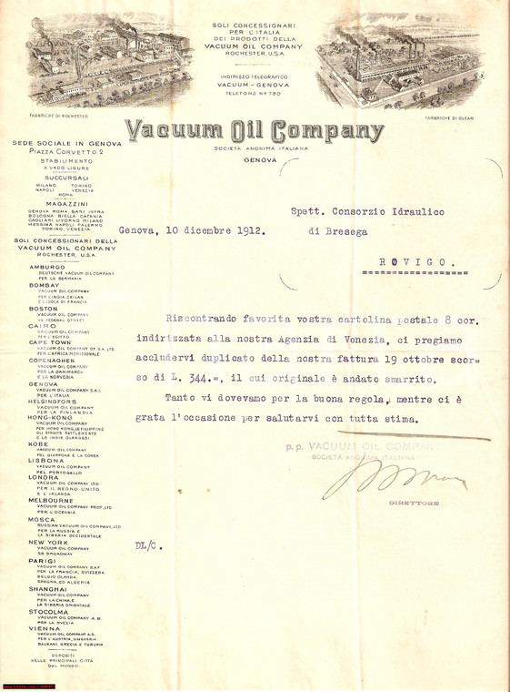 1912 GENOVA Lettera commerciale VACUUM OIL COMPANY