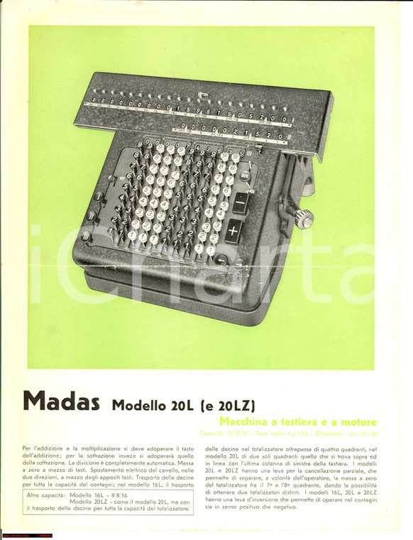 1940 ca MADAS Modello 20 L calcolatore a tastiera