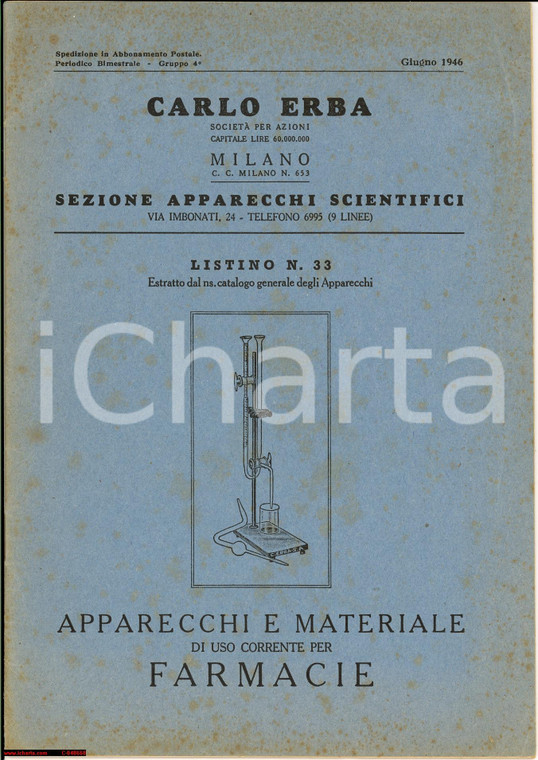 1946 MILANO Listino apparecchi scientifici Carlo ERBA