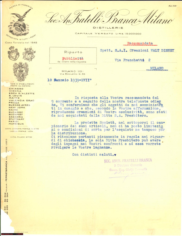 1939 MILANO Diritti sui prodotti omaggio FERNET-BRANCA