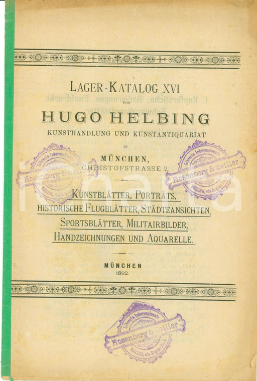 1892 MUNCHEN (DE) XVI Lagerkatalog Hugo HELBING Porträts Kunstblätter