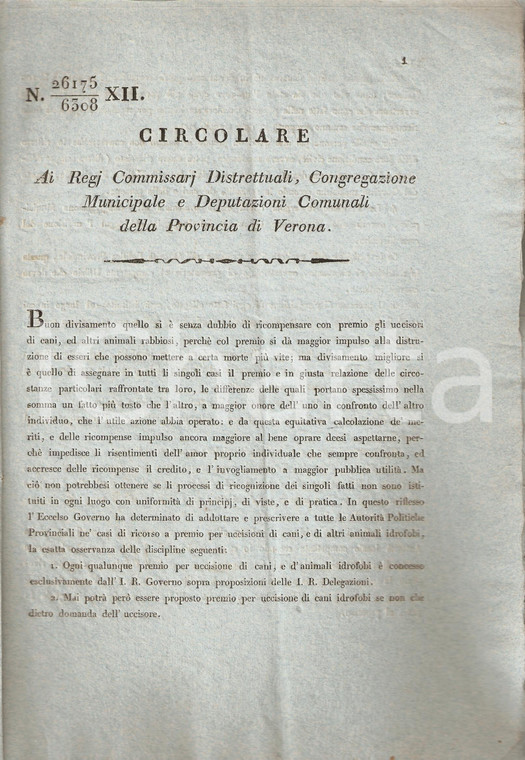 1830 ca CEREA (VR) LOMBARDO VENETO Premi per uccisione di cani idrofobi 22 pp