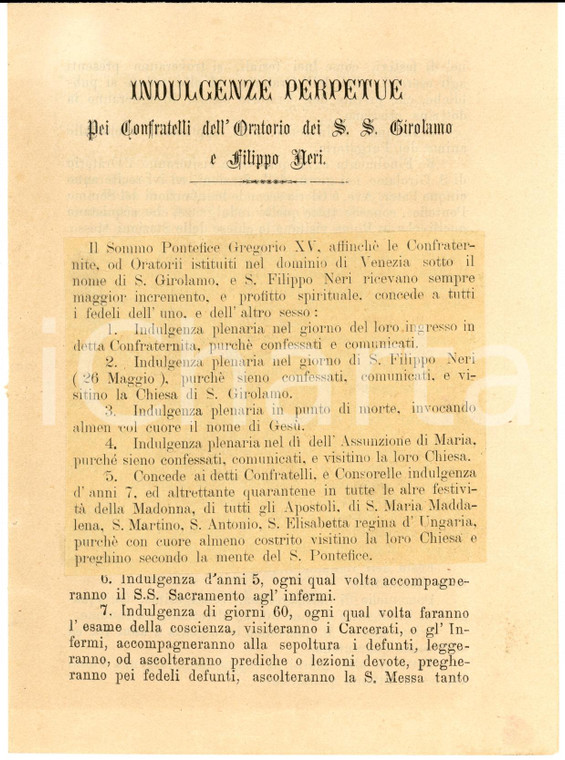 1880 ESTE (PD) Indulgenze perpetue a confratelli SS. GEROLAMO E FILIPPO NERI