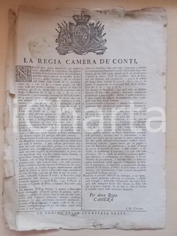 1776 TORINO REGIO ERARIO Sui debitori dei diritti di emolumento *Manifesto