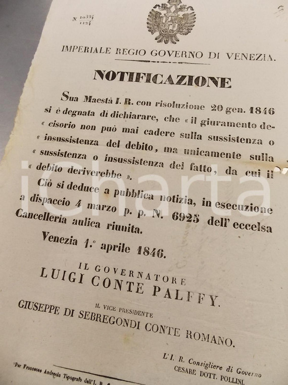 1846 IMPERIALE REGIO GOVERNO DI VENEZIA Giuramento decisorio sussistenza debito